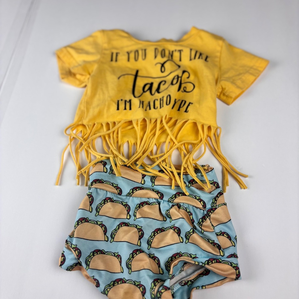 Kids Taco Print Outfit Shirt Shorts Set Yellow Fringe‎ Top